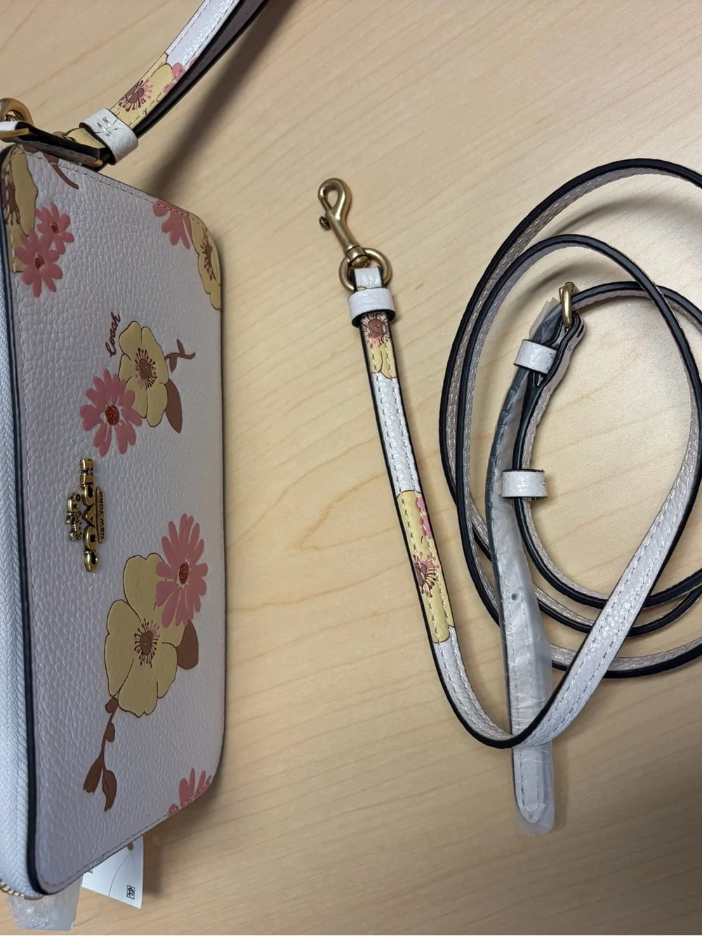 Coach White Floral Zip Wristlet with Pink & Yellow Blooms